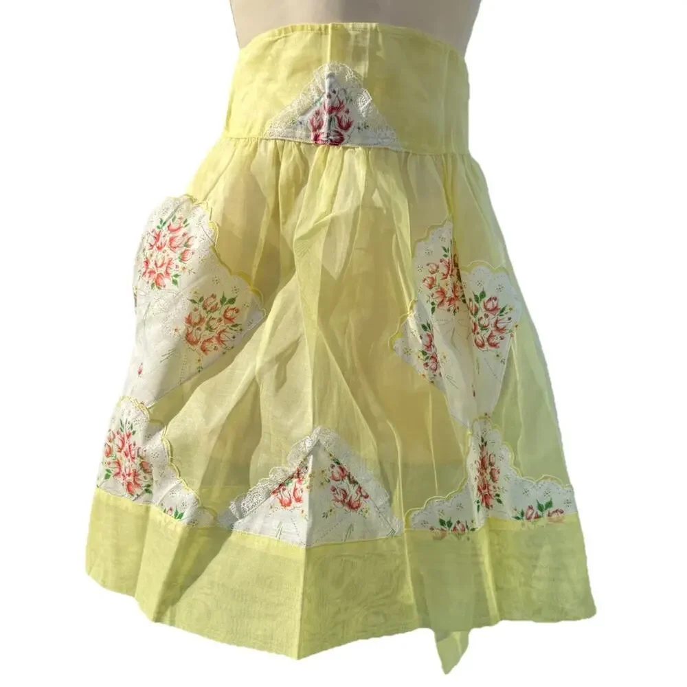 Vintage Floral Half Apron Pockets Sheer Yellow Lace Cottagecore Retro OS Patched